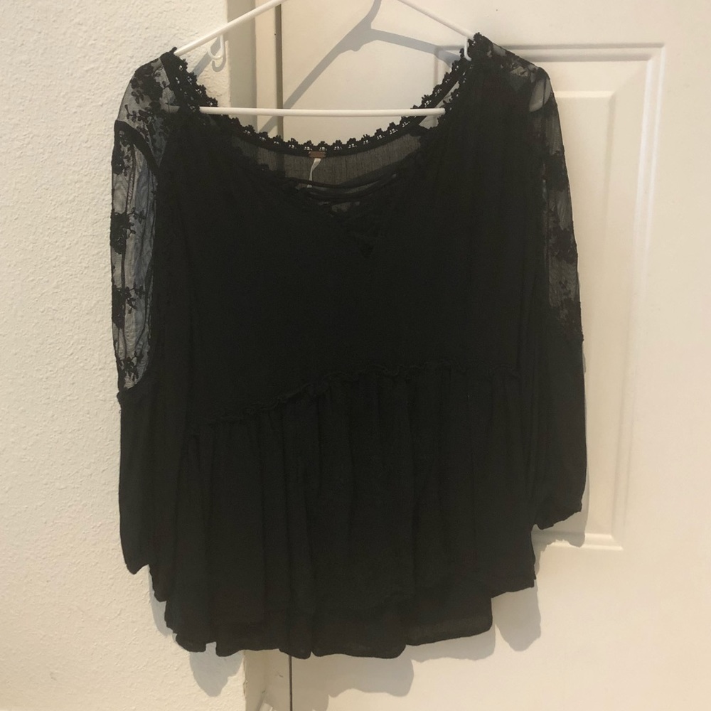 Free People Small Black Lace Up Blouse